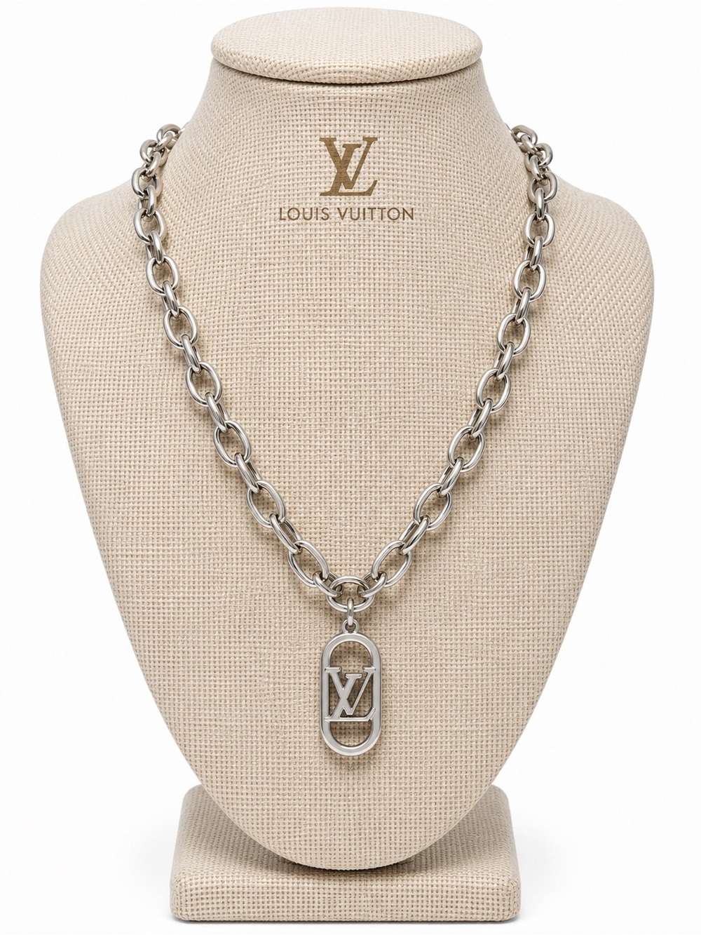 Louis Vuitton Silver-Tone Chunky Chain Necklace with LV Pendant